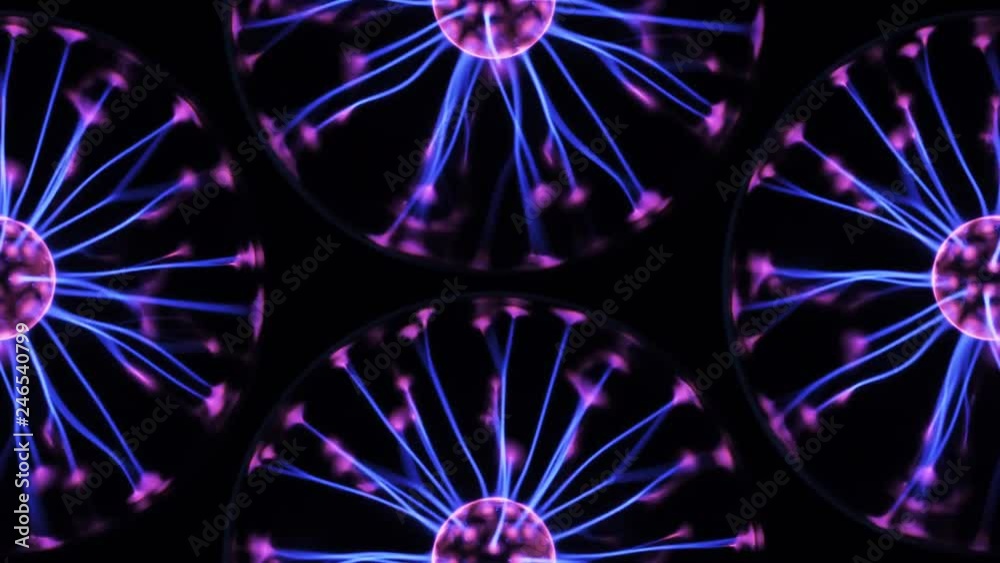 Four plasma balls with moving energy rays inside on black background. Seamlessly looping timelapse. 4K UHD 4096 x 2304 ultra high definition Four plasma balls with moving energy rays inside on black background. Seamlessly looping timelapse. 4K UHD 4096 x 2304 ultra high definition