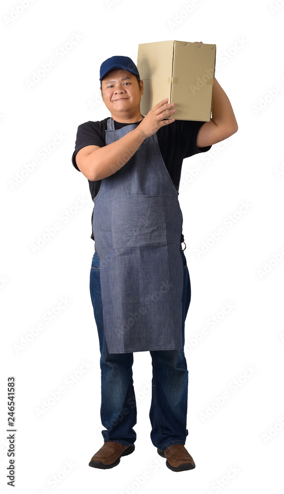 delivery man in Black shirt and apron is holding boxes isolated delivery man in Black shirt and apron is holding boxes isolated