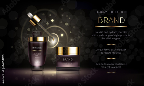 Night cosmetic line for face skin care realistic vector. Purple cream jar and serum, dropper with golden drop. Luxury cosmetics collection on dark background with radiance Mock up for magazine catalog