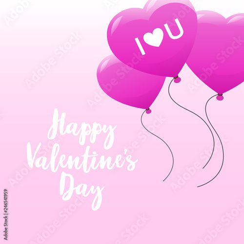Happy valentines day concept holiday celebration poster with hand drawn text heart shape air balloons pink background flat