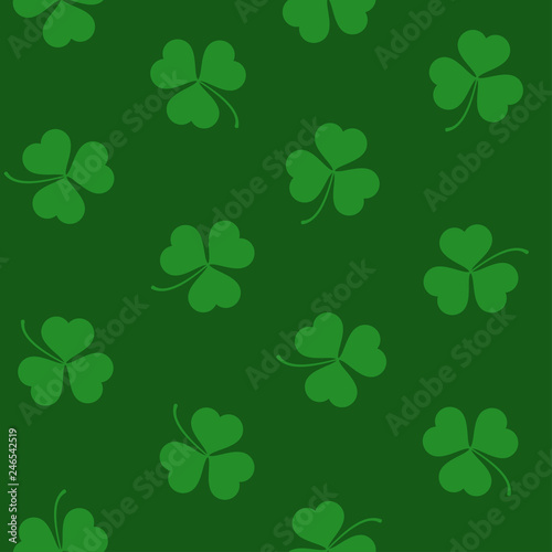 Vector pattern with green clover leaves on the green background. texture of  Shamrock leaf for holiday Saint Patricks day