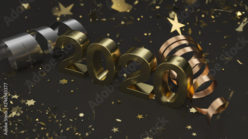 Golden 2020 number with confetti and serpentine