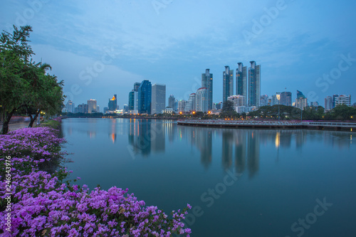 Background of flowers by the pool, wallpaper, high-rise buildings (condominiums, offices) that are located by the pool, parks, fitness areas of nearby residents. © bangprik