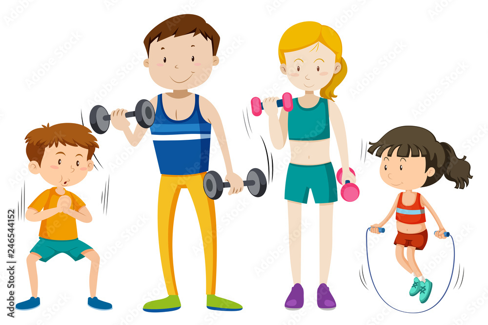 Family workout together on white vackground Family workout together on white vackground