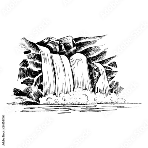 Waterfall vector sketch, cascade waterfall in the rocks hand-drawn vector illustration, landscape with a waterfall, black and white vector sketch isolated on white background for your design