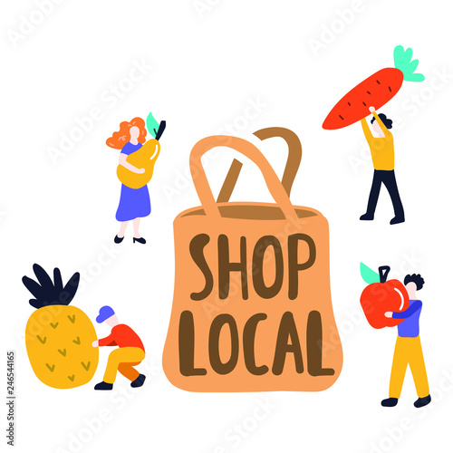 Shop local concept. Tiny people gather vegetables and fruits to the bag. Hand drawn vector lettering illustration.