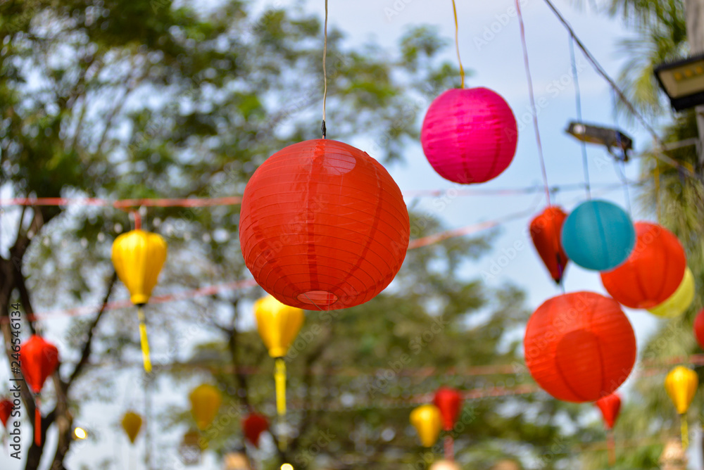 Paper lanterns in a traditional street in Vietnam. Tet festival decoration