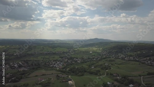 Panorama of the mestain near the town of Jaslo in Poland from a bird's eye view. Aerial photography of landscapes and settlements. Urbanization of the country. Living environment of people. photo