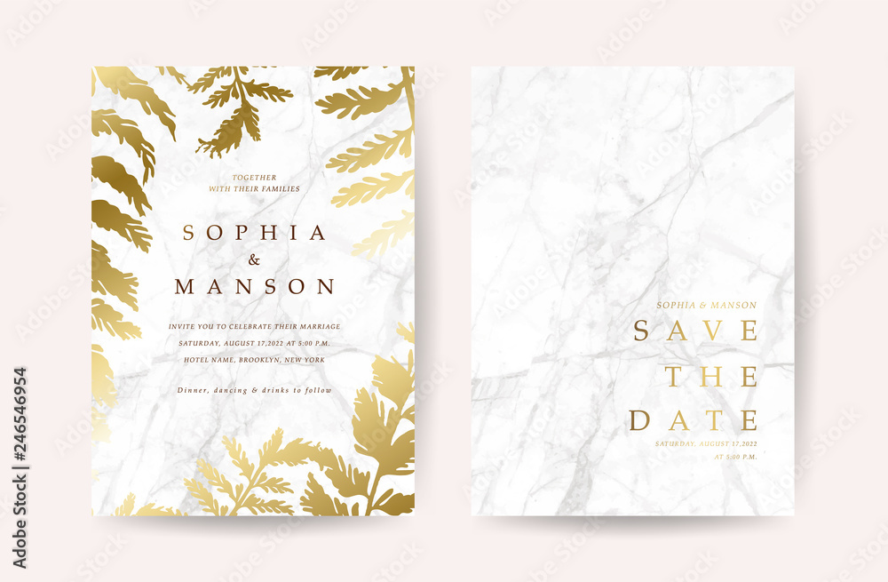 Luxury Marble Wedding Invitation Card Design for spring and summer wedding themes  - Vector