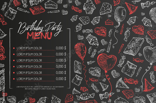 Kids birthday menu vector template, cute children birthday restaurant creative flyer, on black background. Chalk on blackboard hand drawn sketch style illustration Hand drawn vector illustration.