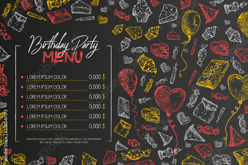 Kids birthday menu vector template, cute children birthday restaurant creative flyer, on black background. Chalk on blackboard hand drawn sketch style illustration Hand drawn vector illustration.