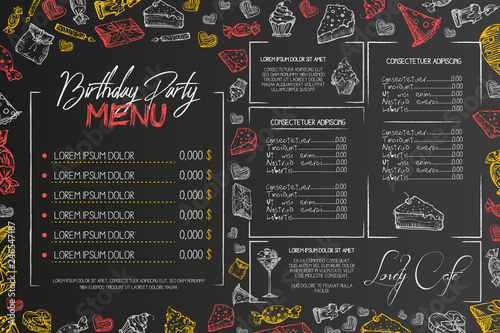 Kids birthday menu vector template, cute children birthday restaurant creative flyer, on black background. Chalk on blackboard hand drawn sketch style illustration Hand drawn vector illustration.