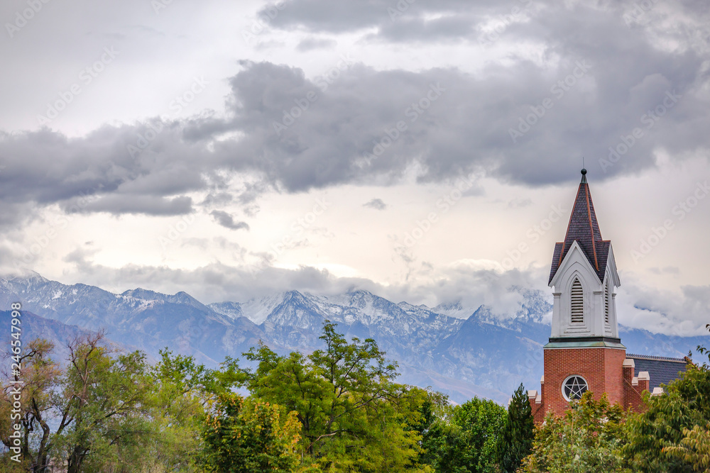 Church steeple in Salt Lake City on a cloudy day