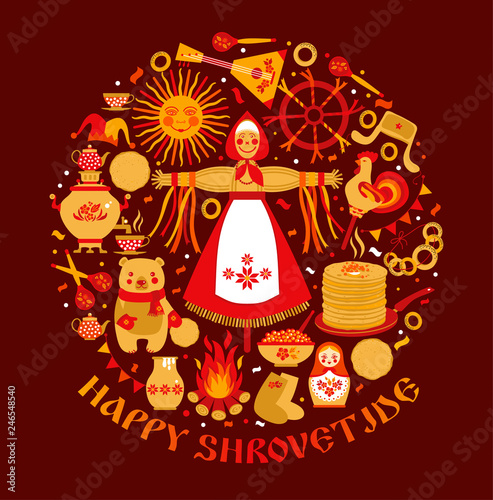 Vector set on the theme of the Russian holiday Carnival. Russian Shrovetide or Maslenitsa.