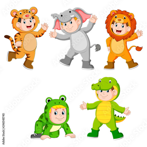 collection children wearing cute wild animal costumes