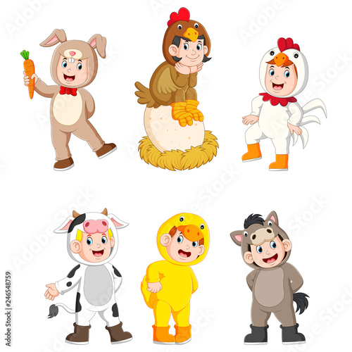 collection children wearing cute farm animal costumes