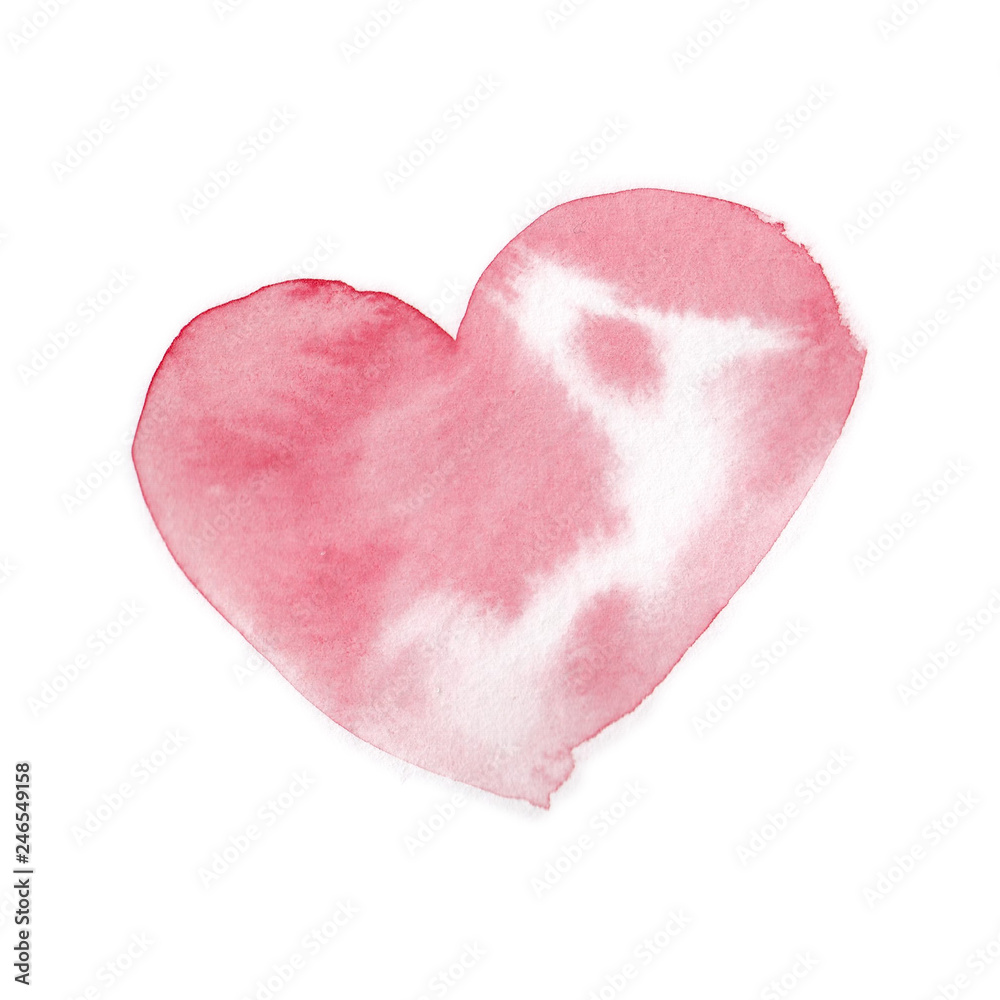 Pink watercolor heart, hand drawn, isolated on white background