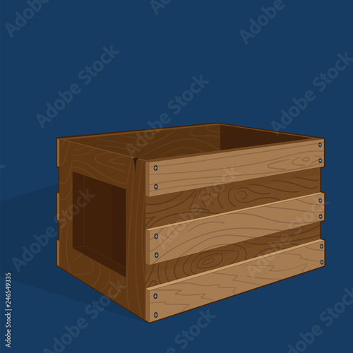 Empty wooden box made of boards. Image of the object in perspective. Vector drawing. Wood texture. (ID: 246549335)