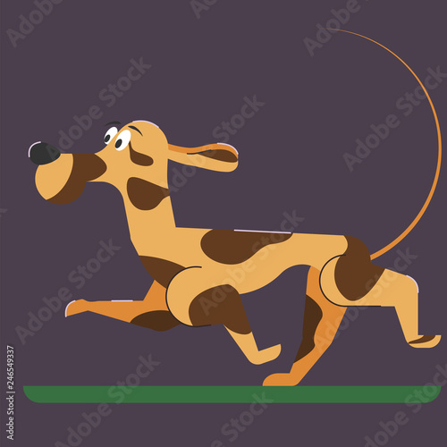 Cartoon dog runs. Flat style. Spotted hunting dog with large black nose. (ID: 246549337)