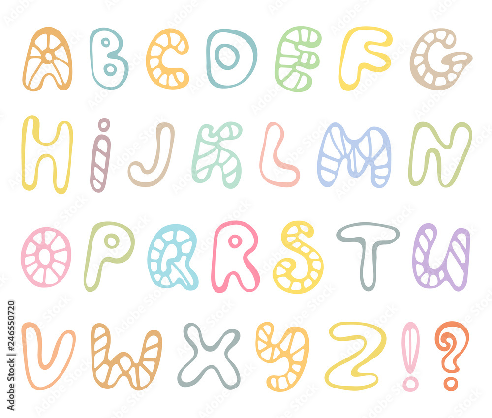 Hand drawn abc vector set isolated on white background. Cute doodle alphabet. Funny rounds letters