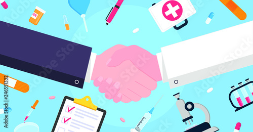 Doctor and man shaking hands flat style design vector illustration with abstract rays. Success deal, greeting, handshaking agreement isolated on background from medical and science equipment.