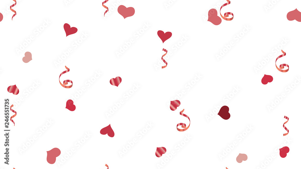 Light Pattern of Hearts and Serpentine. The foundation of packaging, textiles, wallpaper, banner, printing. Vector Seamless Pattern on a White fond. Scattered Red confetti.