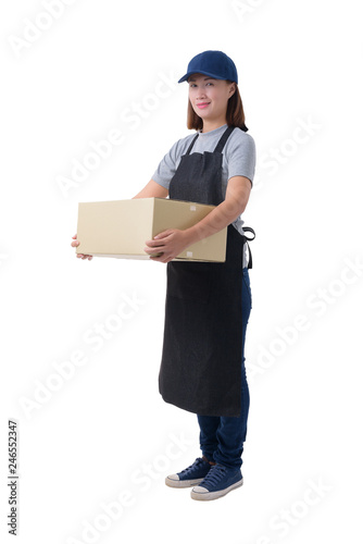 delivery woman in Gray shirt and apron is holding boxes isolated © nipastock