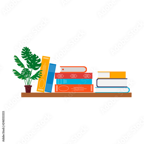 Colorful shelf with books and pot monstera. Colorful vector illustration for literary or writers festival advertisement,  poster and banner.