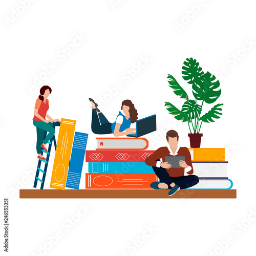 Book festival or book club concept of a small people reading a   books. Vector illustration, poster and banner.