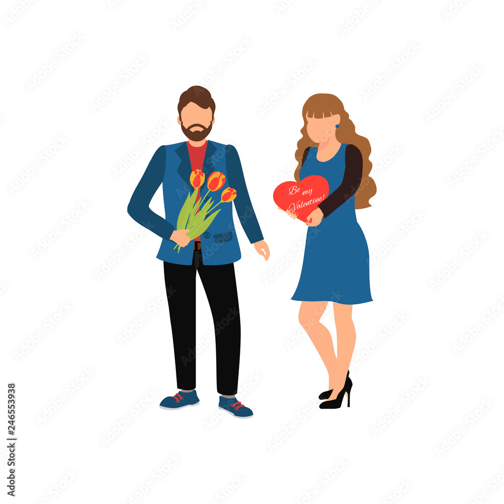 Happy International Women's Day greeting card. Handsome man gives a bouquet of tulips to his girlfriend. Cartoon characters. Vector illustration Happy International Women's Day greeting card. Handsome man gives a bouquet of tulips to his girlfriend. Cartoon characters. Vector illustration