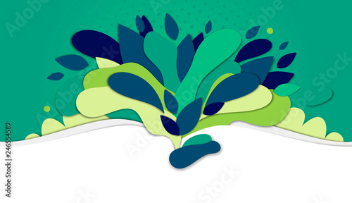 Vector image of green plant elements, the silhouette of the book in the foreground, the effect of cut paper, a few layers of colorful objects
