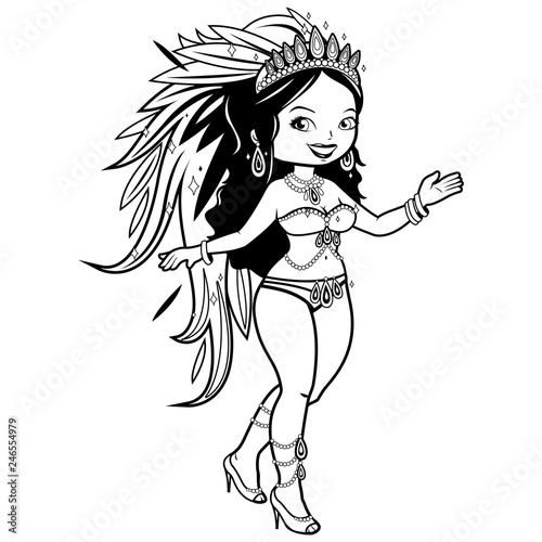 Beautiful Brazilian carnival dancer in a costume with feathers. Vector black and white coloring page