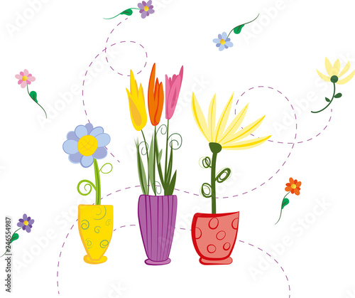 Hand-drawn vector colorful spring flowers in vases isolated on white background,