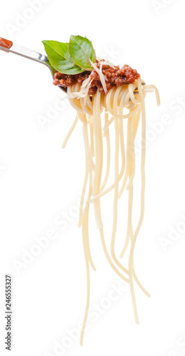 Pasta spaghetti with bolognese sauce on a fork
