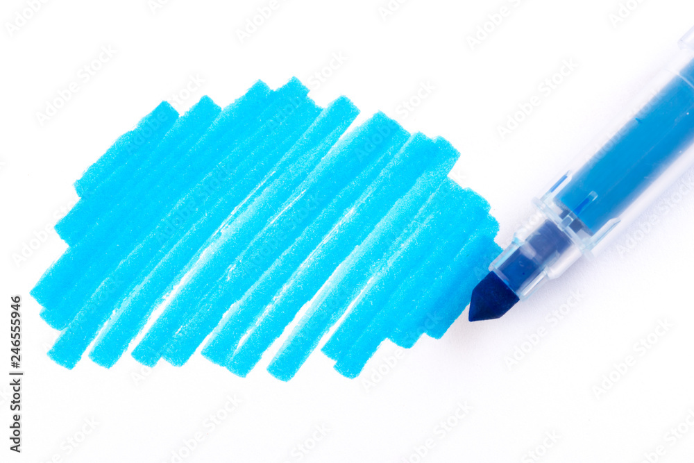 blue highlighter Pen and Doodles Isolated on White Background with Real Shadow. blue highlighter Pen and Doodles Isolated on White Background with Real Shadow.