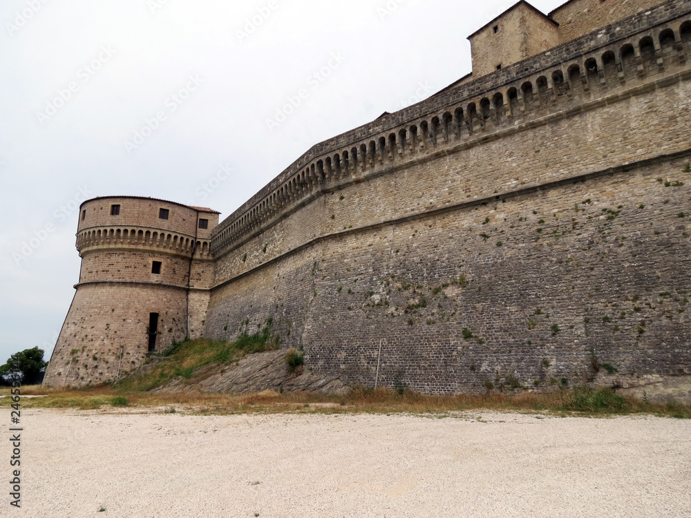 View of the strong fortifications of the fortress  of San Leo, Emilia Romagna, Italy.  This place has long served as a prison for  political prisoners.