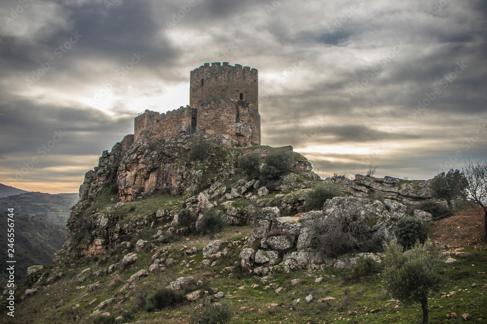 Medieval castle on a cliff on a cloudy day, Algoso, Vimioso, Miranda do Douro, Bragança, Tras-os-Montes, Portugal