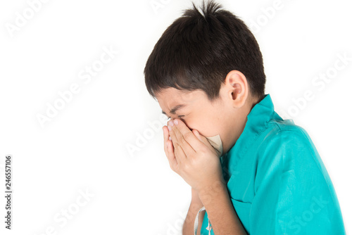 Little boy's sneezing and cough from the flu using tissue the clean