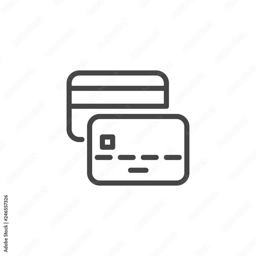 Abstract plastic card simple icon. Banking debit or credit card line pictogram. Withdrawing money from ATM, paying online, storing finance concept sign. Vector illustration isolated on white Abstract plastic card simple icon. Banking debit or credit card line pictogram. Withdrawing money from ATM, paying online, storing finance concept sign. Vector illustration isolated on white