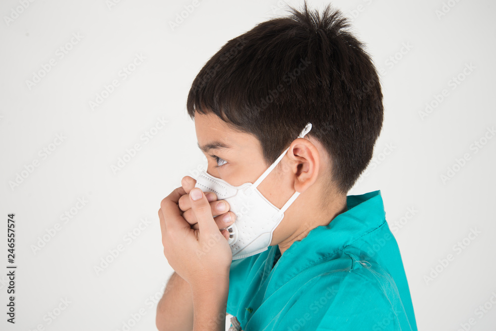 Bad polution air quality dangerous levels for kid get sick, boy wear mask protect from dust PM 2.5 Bad polution air quality dangerous levels for kid get sick, boy wear mask protect from dust PM 2.5