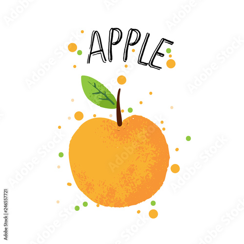 Vector hand draw apple illustration. Orange apple with juice splash isolated on white background. Textured apples with splashes, juice tropical fruit with word Apple on top. Fresh silhouette fruit of
