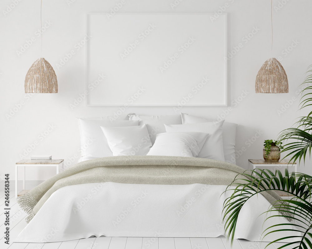Mock-up poster frame in bedroom, Scandinavian style, 3d render - obrazy, fototapety, plakaty 