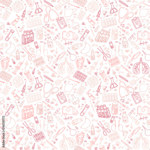 Medicine doodle. Hand drawn vector seamless pattern