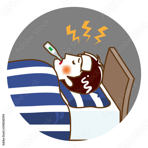 Young man suffers fever of disease - Circular clip art, contour