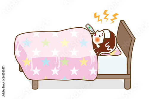 Little girl rest in bed who suffers fever of disease - Full length, line art