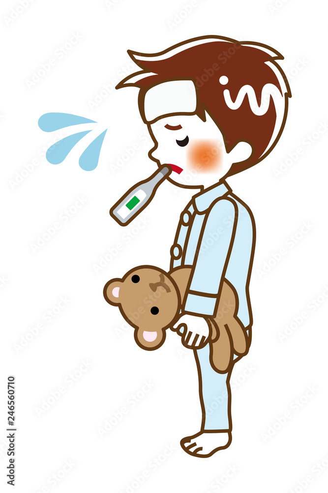 Standing Little boy who put clinical Thermometer into mouth - line art Standing Little boy who put clinical Thermometer into mouth - line art