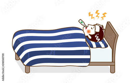 Young man rest in bed who suffers fever of disease - Full length, line art