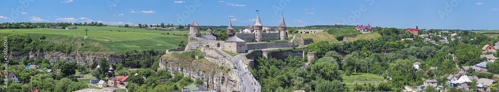 Panorama with Castle in Kamianets-Podilskyi, Ukraine. This is a former Ruthenian-Lithuanian castle and a later Polish fortress. It was first mentioned in the 14th century.