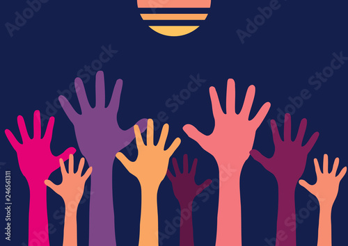 Raised up children's border with colorful silhouettes hands. Concept design group is the crowd willing to help. Isolated on a white background. Vector