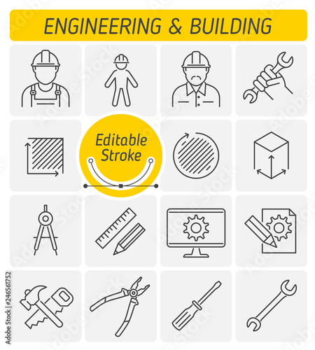 The engineering and building outline icon set. The repair, construction, industrial tools. The worker and engineer in a hard hat and helmet symbols. Thin linear vector icons with editable strokes.